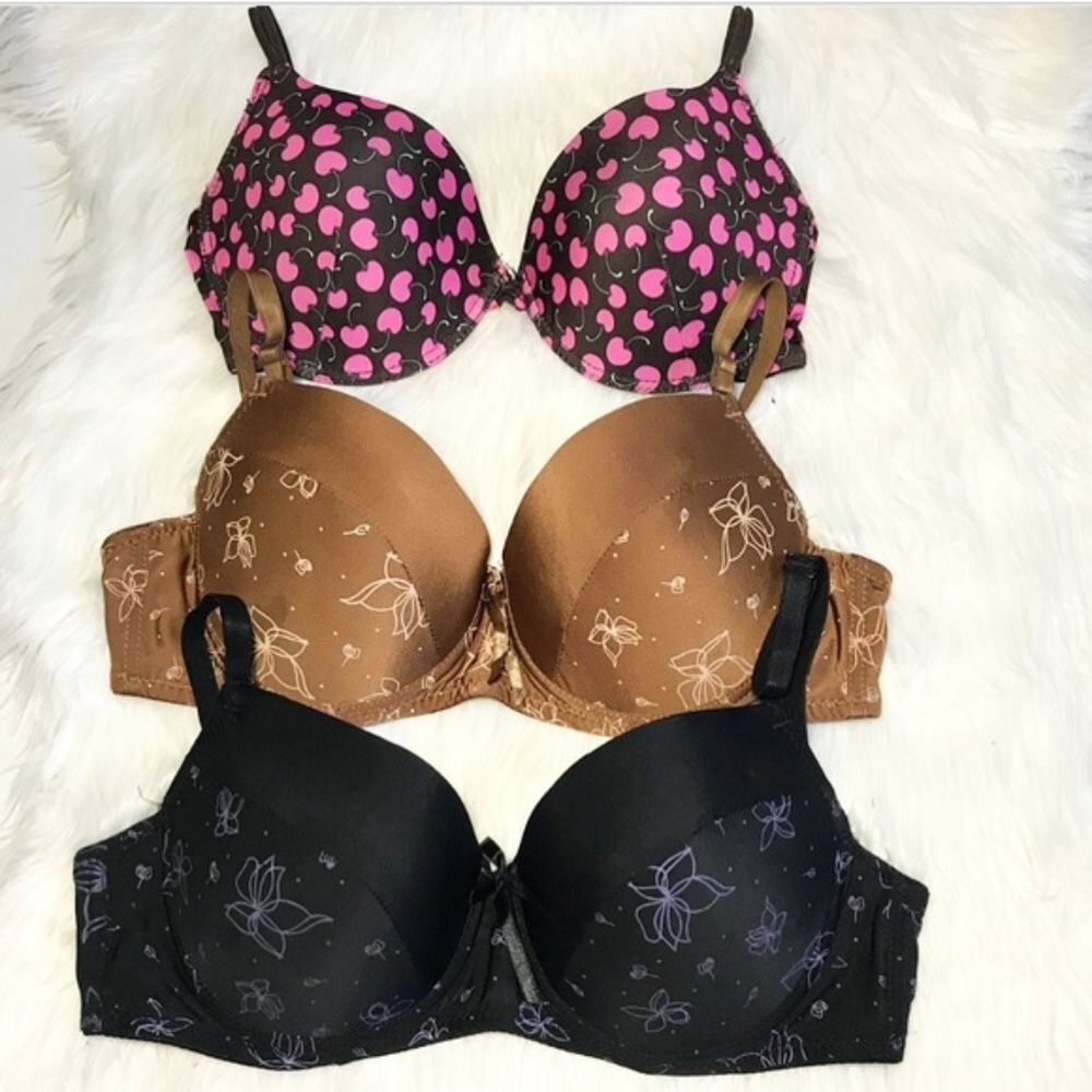 3 Bra Bundle 38D Cherry / Floral Black Brown Pink